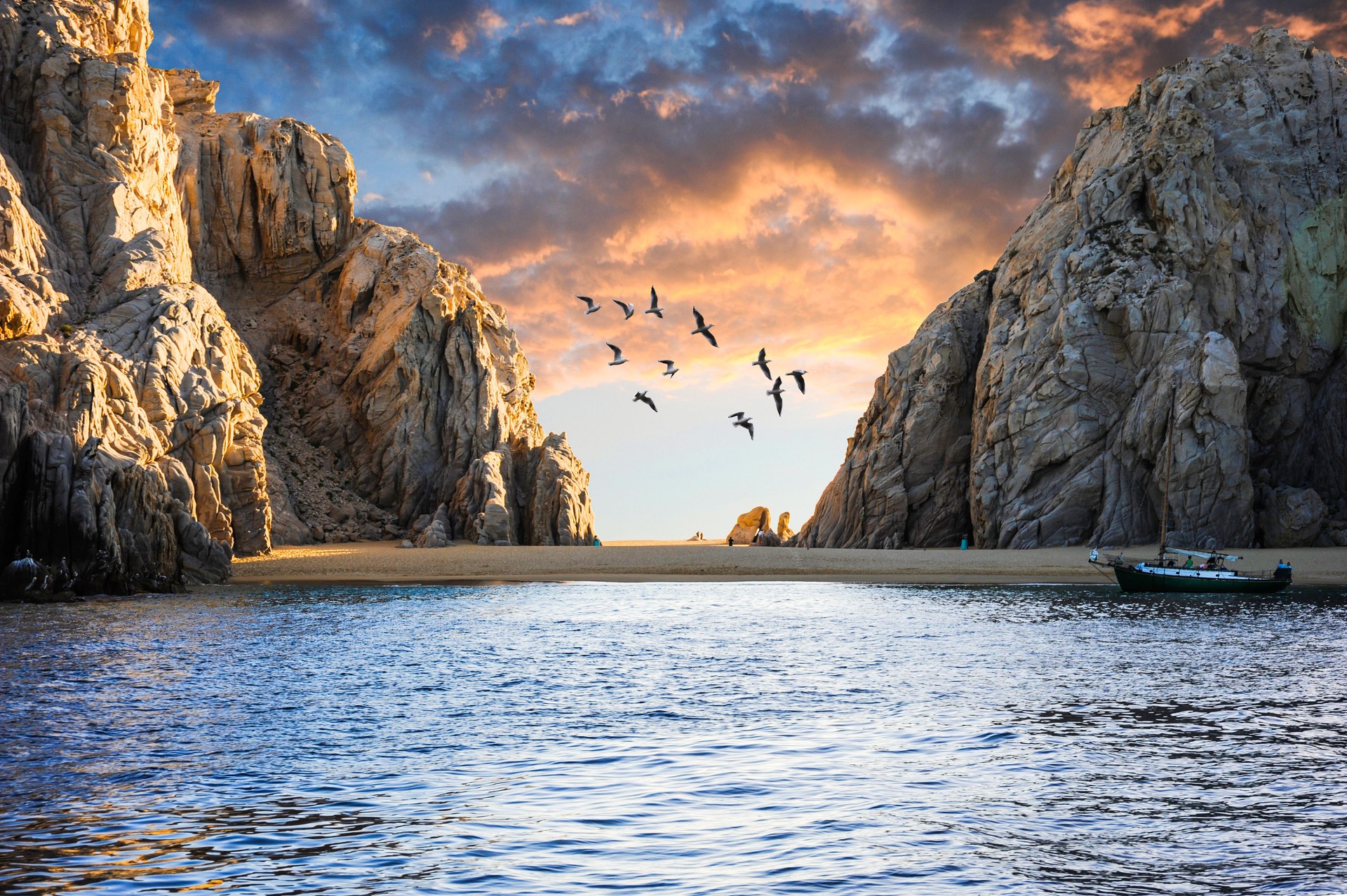 A small beach near the El Arco Arch of Cabo San Lucas at Sunset.