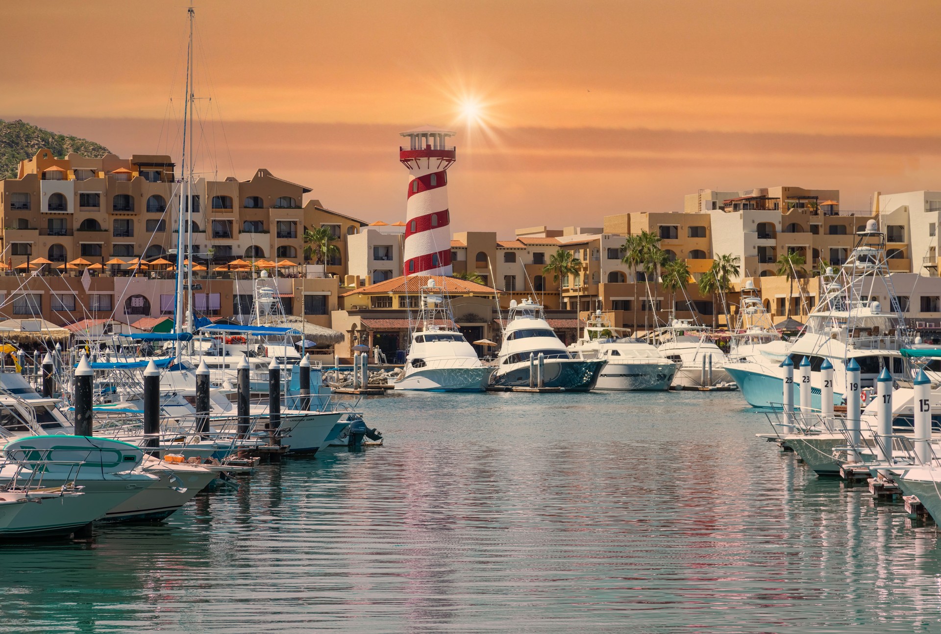 Marina and yacht club area in Cabo San Lucas, Los Cabos, a departure point for cruises, marlin fishing and lancha boats to El Arco Arch and beaches